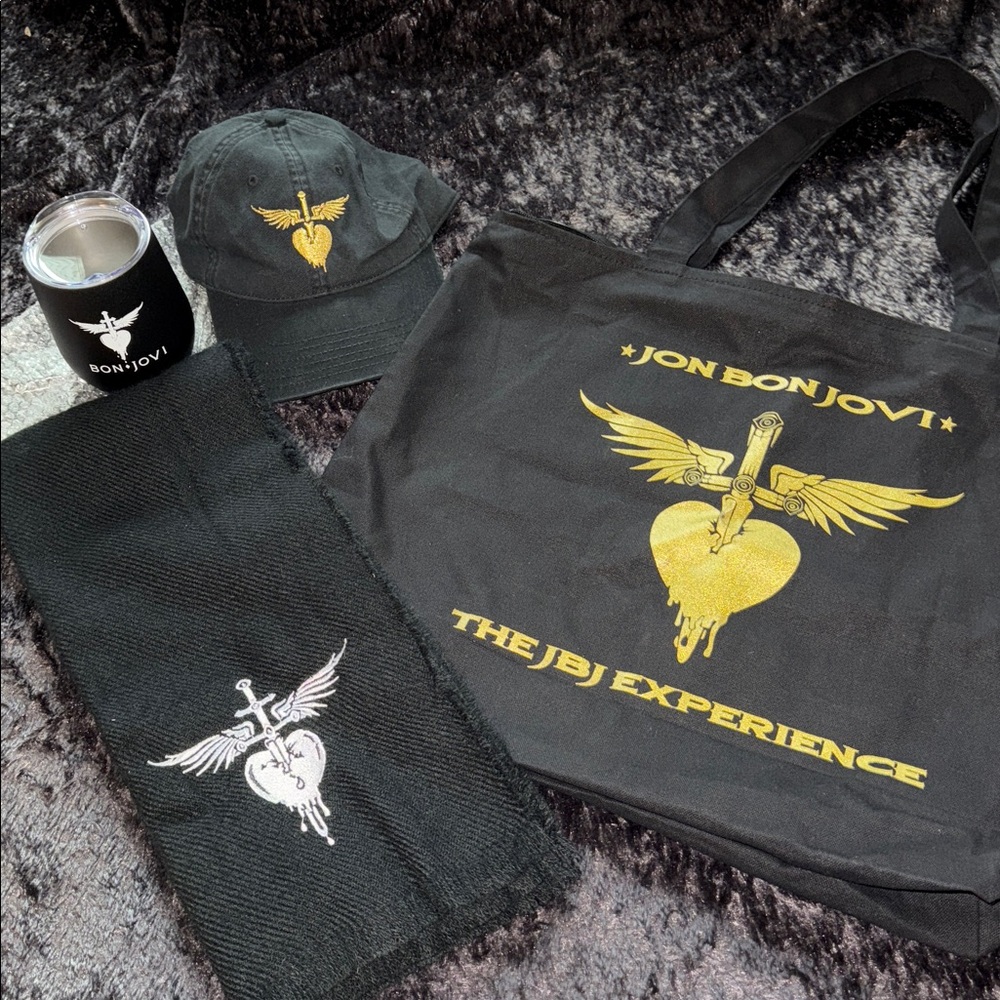 Jon Bon Jovi JBJ heart and dagger goodies … tote, wine tumbler, scarf and hat.
